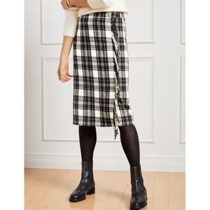 Talbots Womens Ice Plaid Fringe A-Line Skirt Black White Wool Blend Size 18